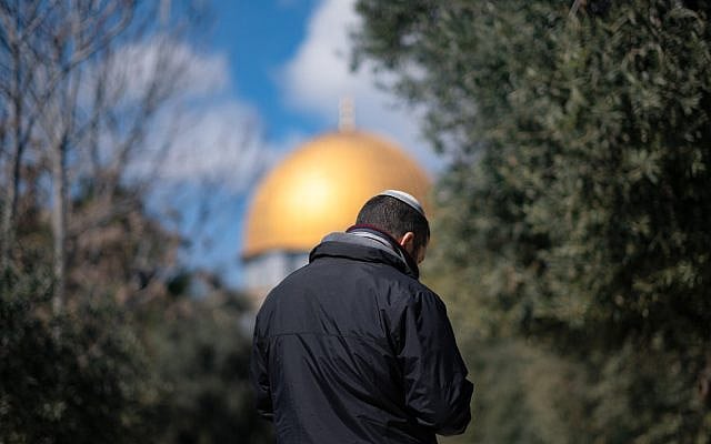 A Jewish pilgrim pays at the Temple Mount. Ahead of him is the Dome of the Rock. After Israel’s War of Independence, Arab leaders decided to put gold leaf over what used to be a drab lead dome. Photo by the author. A Jewish pilgrim pays at the Temple Mount. Ahead of him is the Dome of the Rock. After Israel’s War of Independence, Arab leaders decided to put gold leaf over what used to be a drab lead dome. Photo by the author.