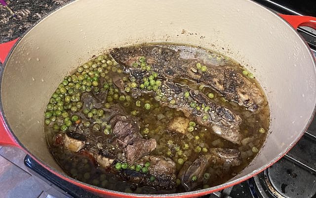 After the flanken and peas have braised for four hours—a gorgeous dish!