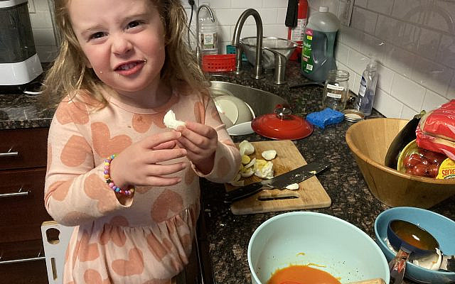 Pro tip: When cooking with a toddler, peel six eggs, even if you only need three, as she will likely eat half of what she chops. Pro tip: When cooking with a toddler, peel six eggs, even if you only need three, as she will likely eat half of what she chops.