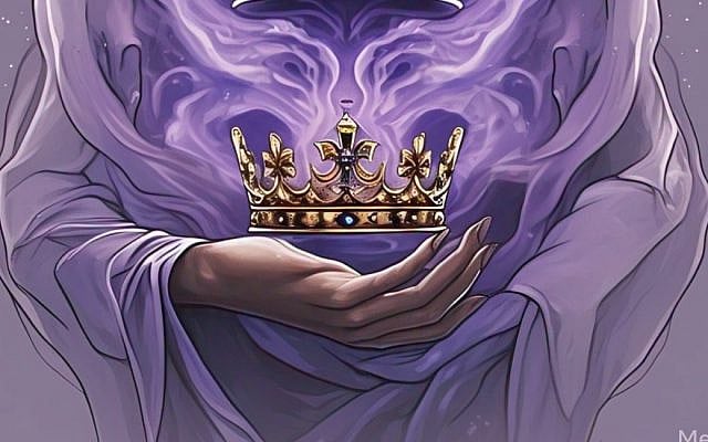 A Purim mask backdropping a crown hovering over a hand. Meta AI generated image
