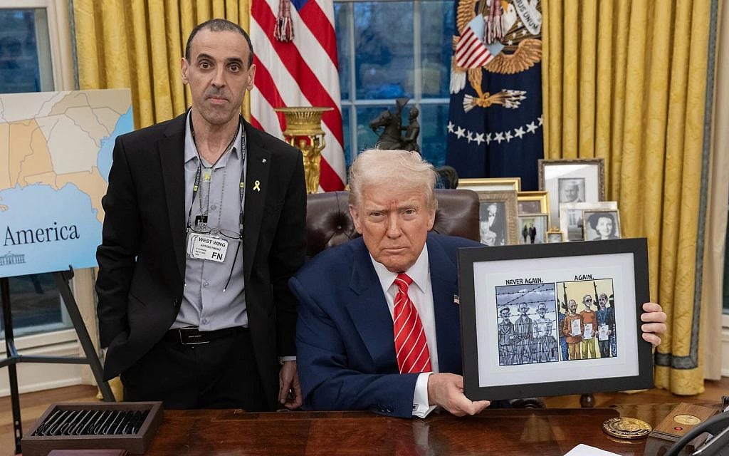 Released hostage Eli Sharabi meets with US President Donald Trump in the Oval Office on March 5, 2025. (White House/X)
