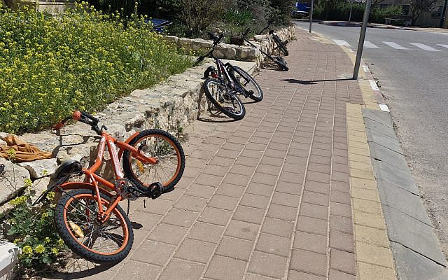 Bikes outside, unlocked, on the sidewalk in my neighorhood in Susya. In Yehuda and Shomron, there is relatively little theft. Bikes outside, unlocked, on the sidewalk in my neighorhood in Susya. In Yehuda and Shomron, there is relatively little theft.