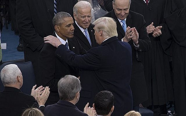 President Donald J. Trump shakes hands with the 44th President of the United States, Barack H. Obama during the 58th Presidential Inauguration at the U.S. Capitol Building, Washington, D.C., Jan. 20, 2017. More than 5,000 military members from across all branches of the armed forces of the United States, including Reserve and National Guard components, provided ceremonial support and Defense Support of Civil Authorities during the inaugural period. (DoD photo by U.S. Marine Corps Lance Cpl. Cristian L. Ricardo) President Donald J. Trump shakes hands with the 44th President of the United States, Barack H. Obama during the 58th Presidential Inauguration at the U.S. Capitol Building, Washington, D.C., Jan. 20, 2017. More than 5,000 military members from across all branches of the armed forces of the United States, including Reserve and National Guard components, provided ceremonial support and Defense Support of Civil Authorities during the inaugural period. (DoD photo by U.S. Marine Corps Lance Cpl. Cristian L. Ricardo)