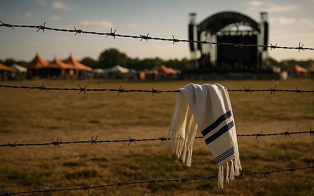 An outdoor music festival site in the late afternoon, viewed through a barbed wire fence in the foreground. Draped over the wire is a tallit. (This image is free for commercial or non-commercial use.)