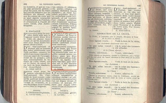 Good Friday Prayer for the "Perfidious" Jews in Nouveau Paroissien Romain, 1924 (Public Domain, https://commons.wikimedia.org/w/index.php?curid=6709968)