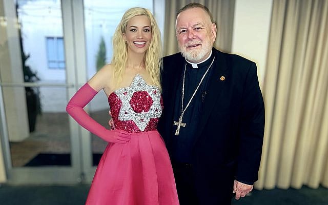 Ayelet Raymond, aka 'Kosher Barbie,' Miss Universe Israel Netanya 2024. Archbishop Thomas Wenski, at AJC Leadership Passover Seder 2025. (courtesy)