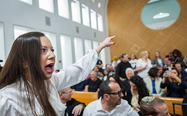 Likud MK Tolly Gotliv disrupts a court hearing on petitions against the firing of Shin Bet chief Ronen Bar at the Supreme Court in Jerusalem, April 8, 2025. (Yonatan Sindel/ Flash90) Likud MK Tolly Gotliv disrupts a court hearing on petitions against the firing of Shin Bet chief Ronen Bar at the Supreme Court in Jerusalem, April 8, 2025. (Yonatan Sindel/ Flash90)