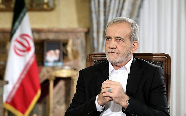 A handout picture provided by the Iranian Presidency shows Iran's President Masoud Pezeshkian speaking during a televised interview in the capital of Tehran on August 31, 2024. (HANDOUT / Iranian Presidency / AFP)