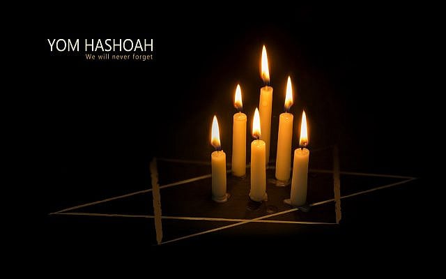 Six burning candles and the star of David against black background, text Yom Hashoah, the Jewish Holocaust and Heroism Remembrance Day