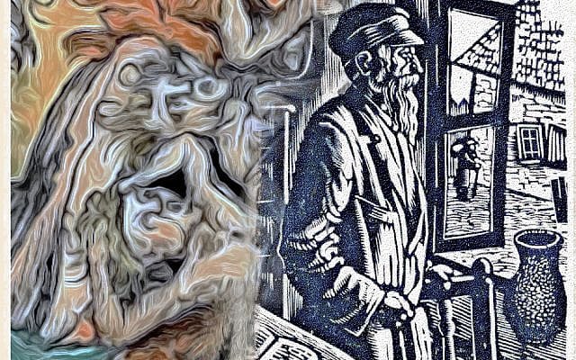 Plague; Eternal Jew Mourning; montage of 2 images colorized and modified by the author, obtained from Wikimedia Commons: Shtetl by Udovin014, and image of plague from the Nuremberg Chronicle in the LOC, both in the public domain.