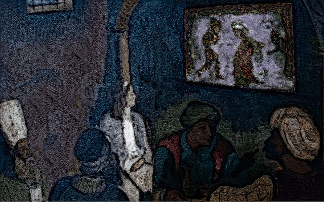 Karagoz puppet show; image colorized and modified by the author, obtained from Wikimedia Commons, Bursa Karagöz Museum-7521a, in the public domain. Karagoz puppet show; image colorized and modified by the author, obtained from Wikimedia Commons, Bursa Karagöz Museum-7521a, in the public domain.