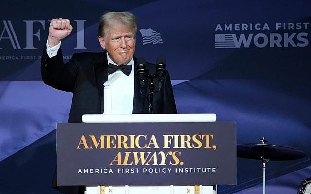 US President-elect Donald Trump gestures after speaking during an America First Policy Institute gala at his Mar-a-Lago estate, Thursday, November 14, 2024, in Palm Beach, Fla. (AP Photo/Alex Brandon)