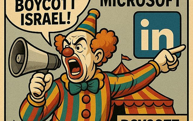 Ziophobes scream “BDS! Boycott Israel!” while proudly promoting boycott apps — on LinkedIn, owned by Microsoft, the very company they call “most complicit in genocide.” Image © Ivan Bassov, 2025. Licensed under CC BY 4.0.