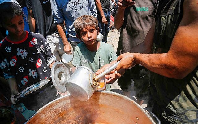 Displaced Palestinians gather to receive food from a charity in Deir el-Balah, Gaza Strip (UNRWA, 2024. CC BY-SA 4.0)
