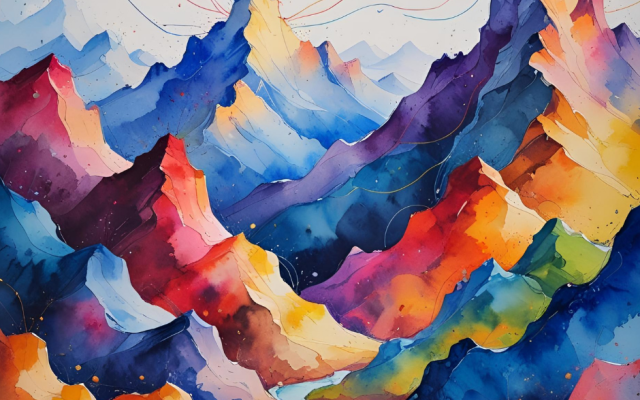 Watercolor-style digital image showing mountains of and threads of various colors. Generated in Canva.
