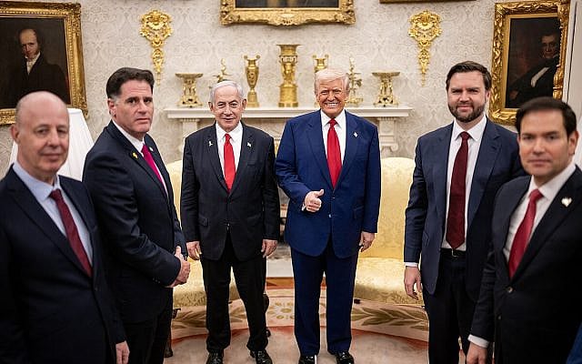 President Donald Trump greets Israeli Prime Minister Benjamin Netanyahu, Monday, April 7, 2025, in the West Wing Lobby of the White House. (Official White House Photo by Daniel Torok)