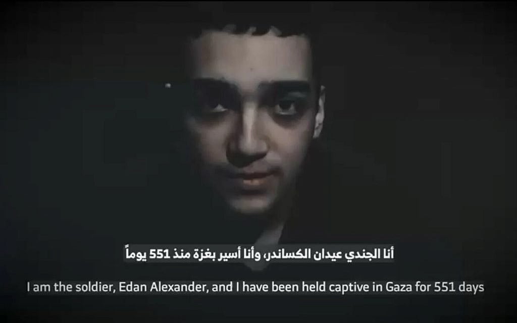 When a hostage becomes a stage prop for the state that funded his cage. Hostage soldier Edan Alexander seen in a propaganda video released by the Hamas terror group on April 12, 2025. (Courtesy)