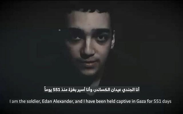 When a hostage becomes a stage prop for the state that funded his cage. Hostage soldier Edan Alexander seen in a propaganda video released by the Hamas terror group on April 12, 2025. (Courtesy)