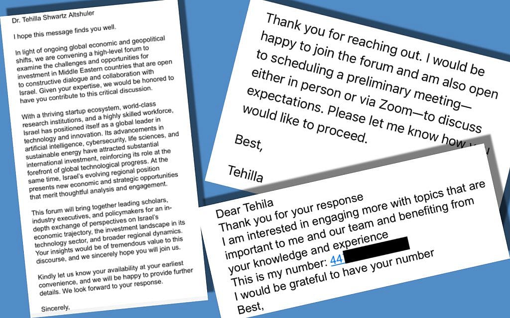 Message exchange between Tehilla Shwartz Altshuler and a spear-phishing cyber attacker. (screenshots montage by The Times of Israel)