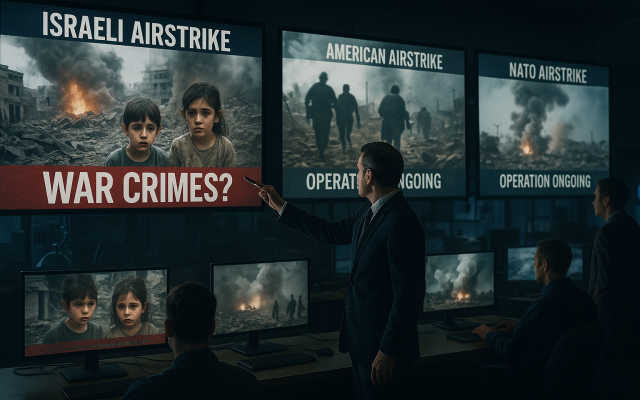 A photorealistic image of a global media control room.