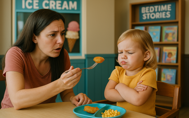 A mother feeding her two year old daughter a piece of fried fish. (ChatGPT)