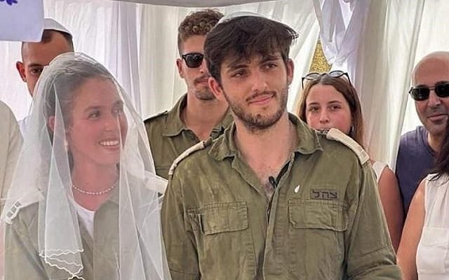 Both were called up to the IDF Reserves to fight Hamas, so they expedited their ceremony, in October 2023, and got married in their uniforms. (via X)