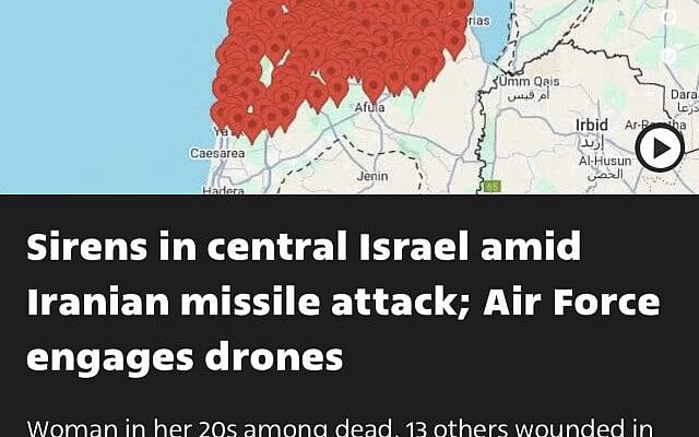 Map showing where sirens went off in Israel