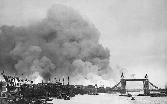 View along the River Thames in London after an air raid during the Blitz (Public Domain) .