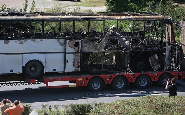 The bus that was blown up in a July 2012 terrorist attack on Israeli tourists in Burgas, Bulgaria. (AP/Impact Press Group)