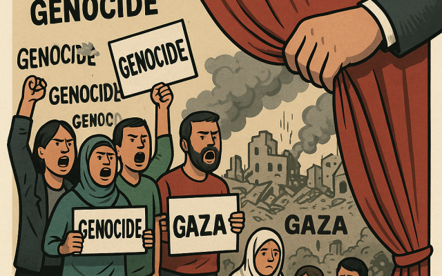 When cries of ‘genocide’ serve spectacle, not safety: Gaza civilians are trapped as unwilling actors in a staged moral theater—denied escape, denied protection, and preserved only as headlines. Image © Ivan Bassov, 2025. Licensed under CC BY 4.0.