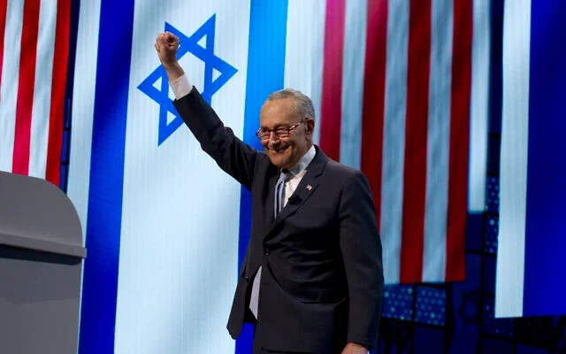 Senate Minority Leader Chuck Schumer, D-NY, prepares to speak at the 2019 American Israel Public Affairs Committee (AIPAC) policy conference, at Washington Convention Center, in Washington, March 25, 2019. (AP Photo/Jose Luis Magana) (Times of Israel)