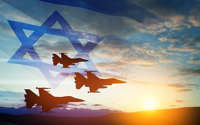 Aircraft silhouettes on background of sunset with a transparent waving Israel flag. Military aircraft. Independence day. Air Force Day.