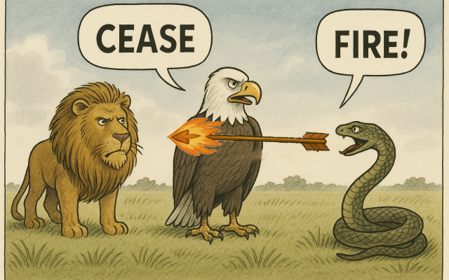 Eagle, Lion and Snake Cease Fire! editorial cartoon. Image Source: Yasha Harari