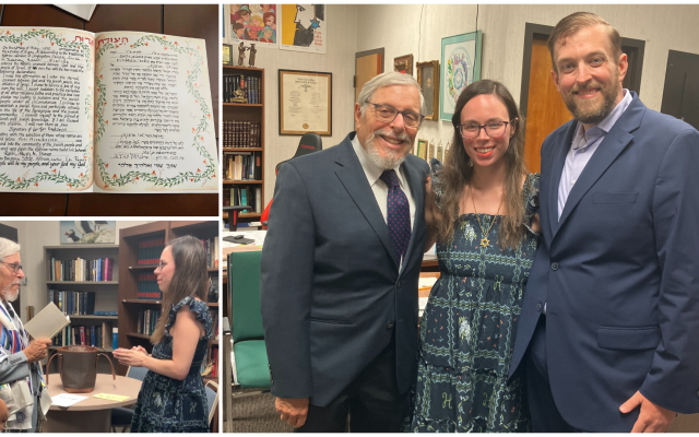 Collage — Top Left: Conversion Certificate, Bottom Left: Photo From My Conversion Ceremony, Right: Photo with Rabbi Steve Moss and Cantor "Dan" at Temple Sinai of Palm Beach Country. Credits: Toni Airaksinen.