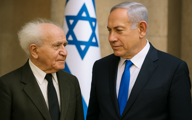 Illustrative: David Ben Gurion and Benjamin Netanyahu created with ChatGPT.