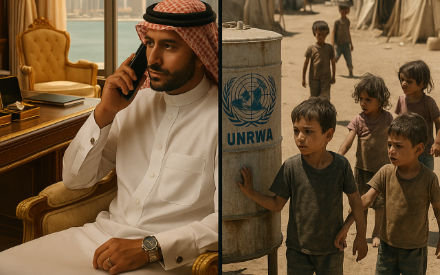 AI-generated illustration: On the left, a wealthy Palestinian leader in exile; on the right, a UNRWA-supported refugee camp in Gaza.