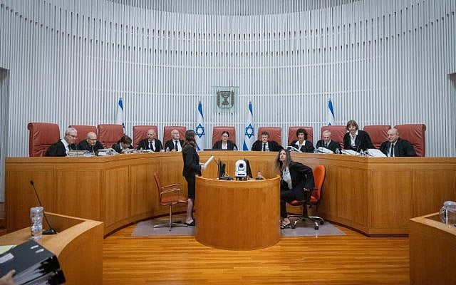 Then-Supreme Court President Esther Hayut presides over a hearing in Jerusalem on petitions against the “incapacitation law," which imposed restrictions on the government’s ability to claim that the prime minister is unable to fulfill his duties, Sept. 28, 2023. Photo by Chaim Goldberg/Flash90. Then-Supreme Court President Esther Hayut presides over a hearing in Jerusalem on petitions against the “incapacitation law," which imposed restrictions on the government’s ability to claim that the prime minister is unable to fulfill his duties, Sept. 28, 2023. Photo by Chaim Goldberg/Flash90.
