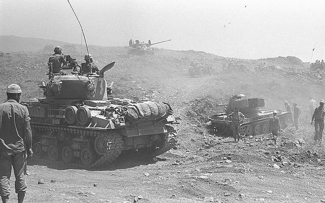 Israeli tanks advancing on the Golan Heights. June 1967