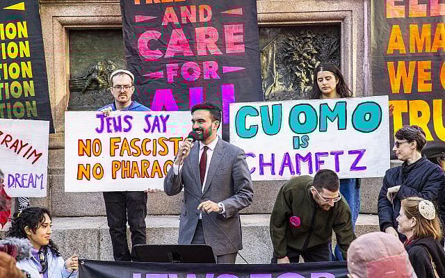 New York City mayoral candidate Zohran Mamdani speaks at the "Seder in the Streets" organized by Jews for Racial and Economic Justice in New York in April, 2025 (Photo by Noah Levin, courtesty of JFREJ).