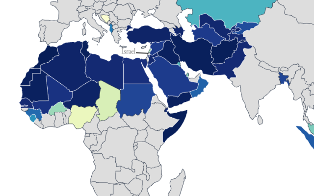 Muslim-majority nations surrounding Israel. Statistics from CIA World Factbook (2020); Graphic courtesy of World Population Review.