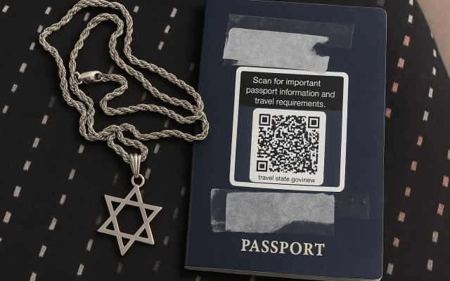 My Star of David  necklace and passport resting on my lap as we prepared to cross into Jordan, June 17, 2025