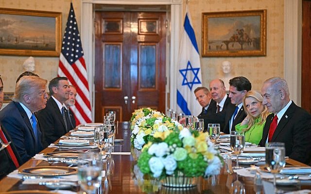 US President Donald Trump, left, meets with Prime Minister Benjamin Netanyahu at the Blue Room of the White House in Washington, DC, on July 7, 2025. (ANDREW CABALLERO-REYNOLDS / AFP)