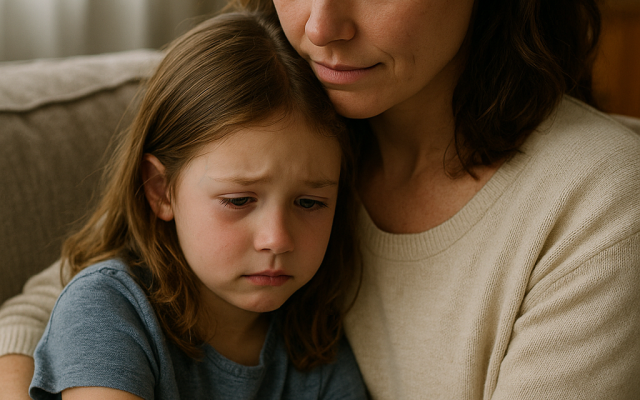 A moment of parental acceptance—showing a parent calmly holding their child while allowing space for emotional expression. The image was created with generative artificial intelligence (AI).