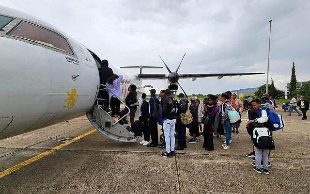Israelis and Ethiopian Jews board flights from Gondar and Bahir Dar to Addis Ababa, part of the Israeli government rescue operation amid fighting in northern Ethiopia August 10, 2023. (Israel Embassy in Addis Ababa)