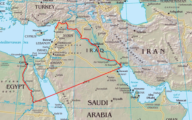 The borders of the Land of Israel according to the Old Testament, using the most expansive interpretation among prominent rabbis. Other interpretations claim narrower borders and a more modest size of the land. (Wikipedia)