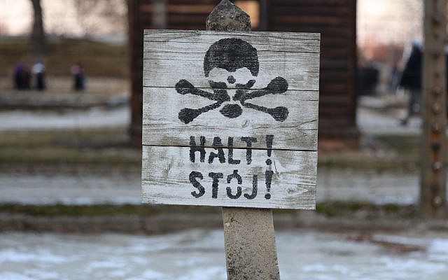 A "Halt" sign marks a boundary or warning at the former Auschwitz concentration camp. (Margaux Betesh/ Photo Credit)