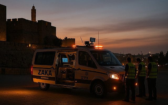 A ZAKA emergency response van is parked near the ancient stone walls of Jerusalem at twilight. The van's side door is open, revealing high-tech embedded equipment and glowing monitors inside. Three volunteers in yellow reflective vests stand beside the vehicle, illuminated by its orange roof lights. The scene captures a quiet moment of preparation against the backdrop of the softly lit Old City, blending solemnity with hope. (OpenAI © This image is free for commercial or non-commercial use.)