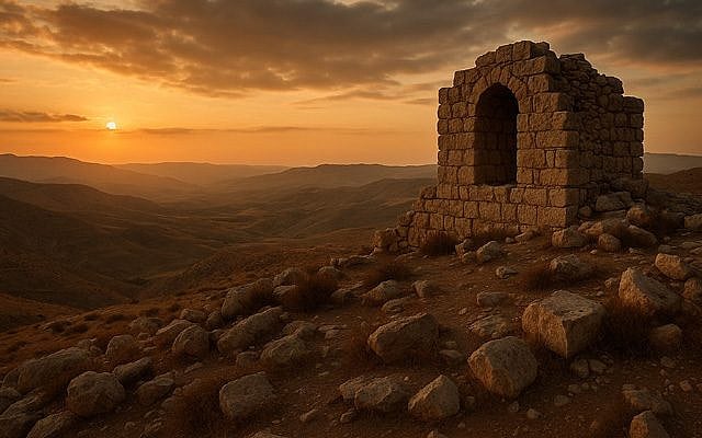 A dramatic sunset over the hills of ancient Israel, with a weathered stone structure resembling a small mausoleum perched on a rocky ridge. The crumbling walls and arched doorway suggest an abandoned shrine, imagined here as the forgotten tomb of Jeroboam son of Nebat. The golden light casts long shadows across the desolate landscape, evoking themes of lost kingdoms, erased lineages, and the hidden legacy of Saul. (OpenAI © This image is free for commercial or non-commercial use.)