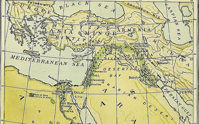 A map of the Levant with assorted overlapping toponym labels (Wikimedia Commons).