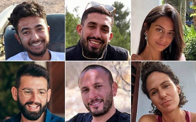 This combination of six undated photos shows hostages, from top left, Hersh Goldberg-Polin, Ori Danino, Eden Yerushalmi; from bottom left, Almog Sarusi, Alexander Lobanov, and Carmel Gat. They were murdered by their Hamas captors in Gaza in August 2024. (The Hostages Families Forum via AP) (Times of Israel)